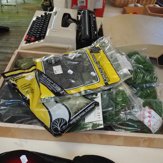 box of model railway layout and accessories; trees, grasses