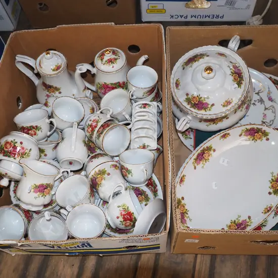 2x boxes;Chinese rose patterned plates, cups, saucers, tea pots etc - orange dots