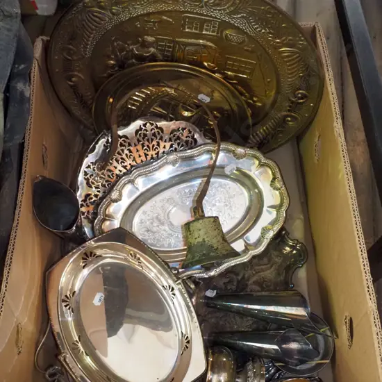 box; plated ware, pressed brass wall chargers, bell