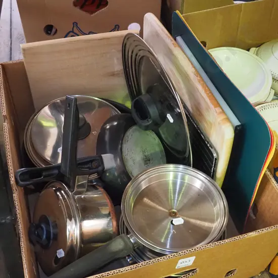 box; chopping boards, pots, pans
