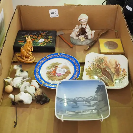 box; animal figurines, Royal Copenhagen dish, Limoges etc