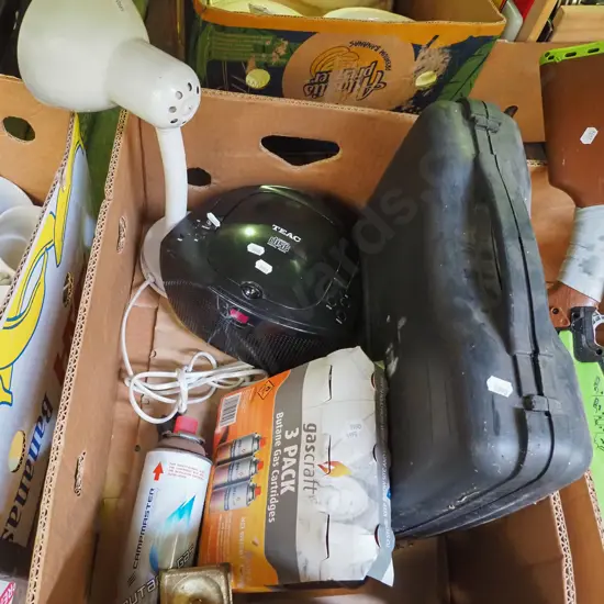 box; radio player, lamp, camping stove