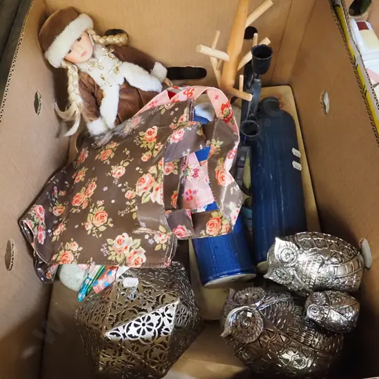 box; owl figurines, candelabra, doll, bags etc