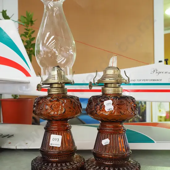 2x amber glass kerosene lantern -1 missing chimney