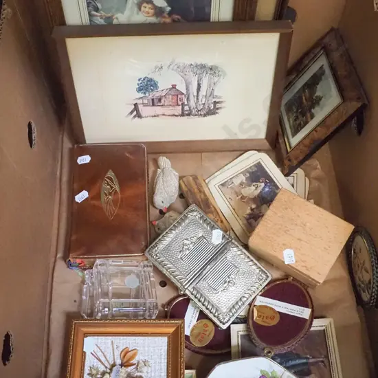 box; prints, trinket boxes, bird figurines etc