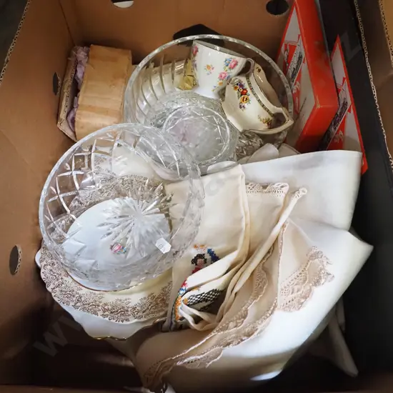 box; linen, crystal bowl, early Monopoly game etc