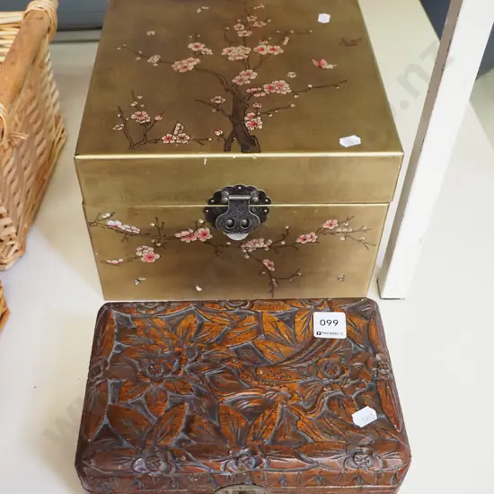 small carved camphor wood chest, 1 other chest