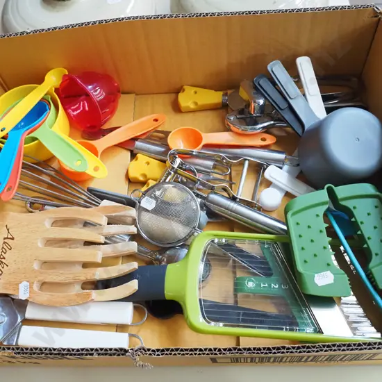 box of kitchen utensils
