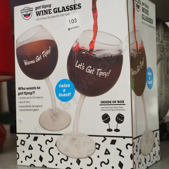 box of 2x Get Tipsy Wine glasses