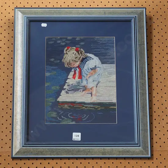 framed tapestry - girl looking at pond