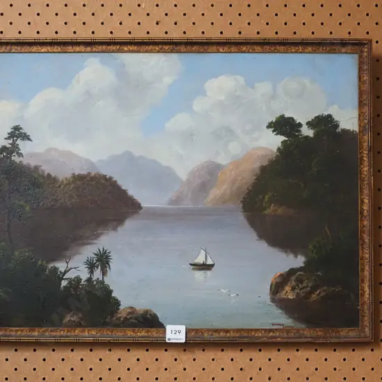 framed colonial oil - sail boat on lake