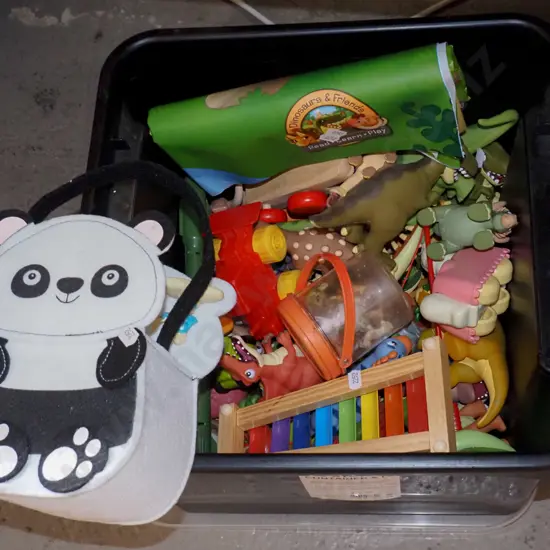 black plastic tub of toys