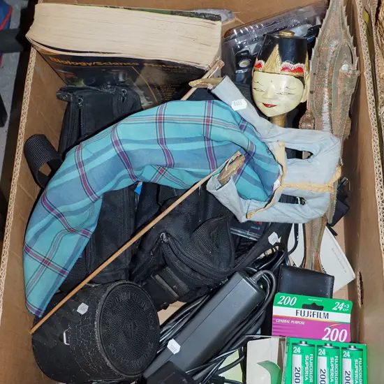 box;  Indonesian hand puppet, various chargers, camera bags, lens etc