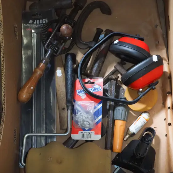 box of tools; ear muffs,ball peen hammer etc
