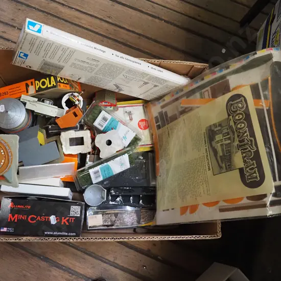 box; railway layout buildings, shrubs etc