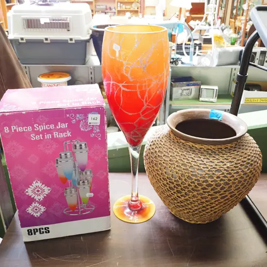 box; spice jar set, tall glass goblet, terracotta vase - chip to rim