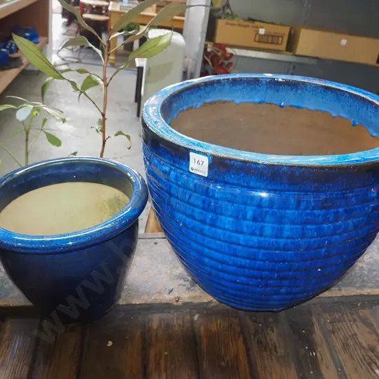 2x blue glazed planters Tallest H-310 Diam-280