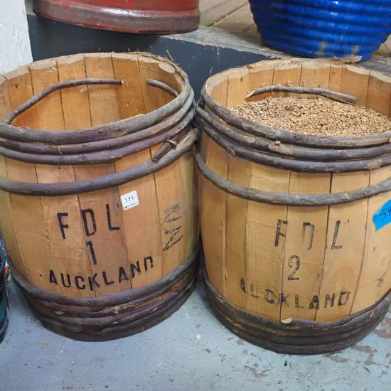 2x vintage barrels of crushed cork (grape carrying)