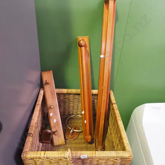 square cane basket with coat hooks, towel rails etc