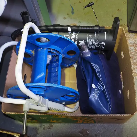 airbed, hose reel, hand pump