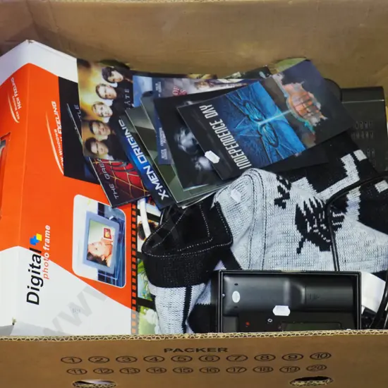 box; All Blacks scarf, AV recorder, digital photo frames, hologram movie prints