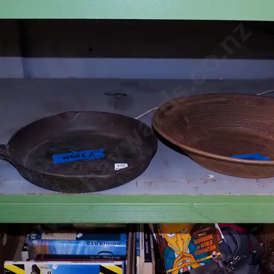 gold pan, cast iron frying pan