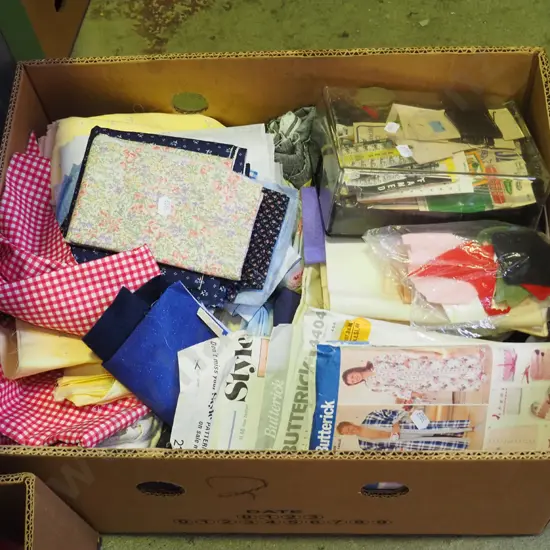 box; sewing patterns, fabric etc
