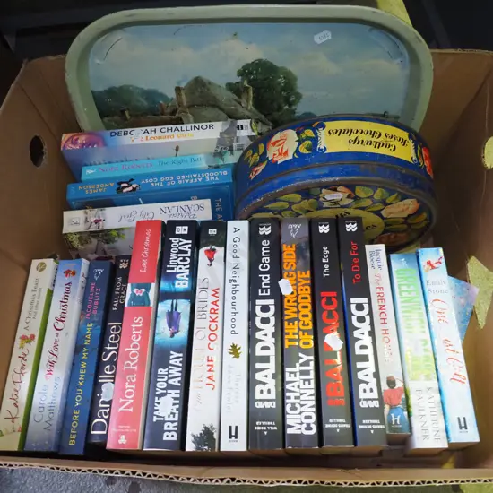 box of books, vintage tin, tray