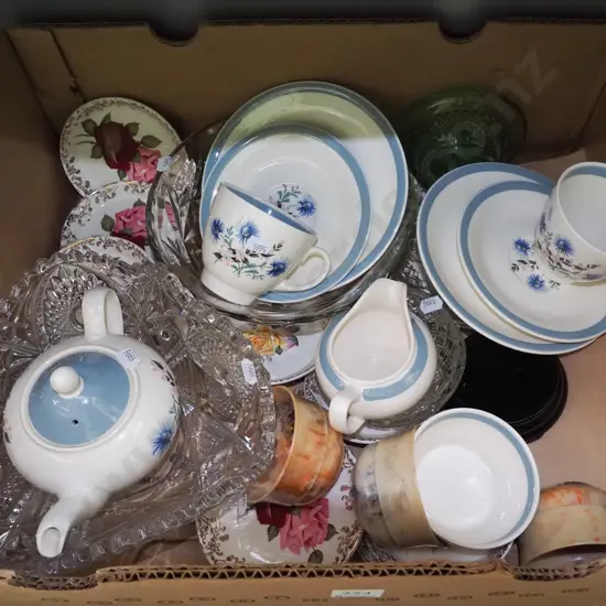 box; tea pot, creamer, sugar, cut glass bowl etc