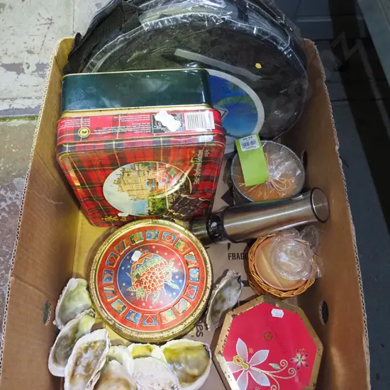 box; tins, pop up cooler bag, electric salt and pepper grinder etc