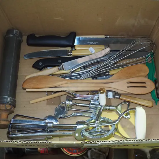 box; spoons, egg beater, knives etc