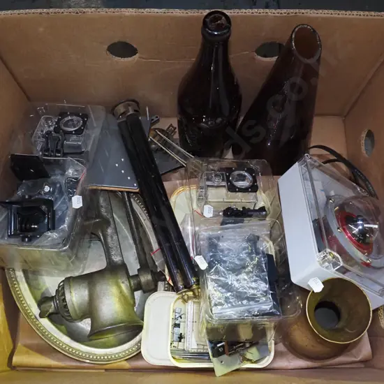 box; brass vase, security camera, bottles, mincer etc