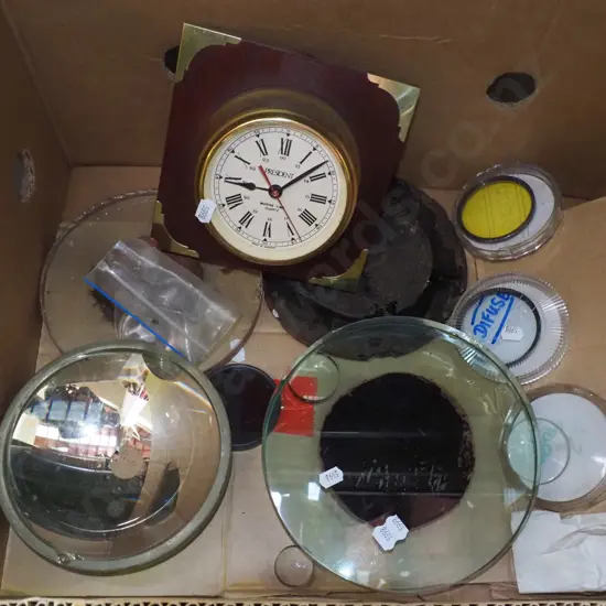 box; various lenses, reproduction wall clock etc