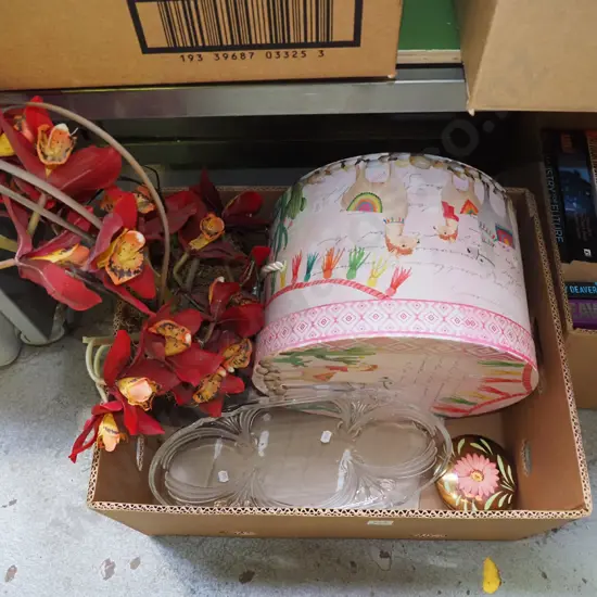 box; faux orchids, glass tray, hat box, trinket box