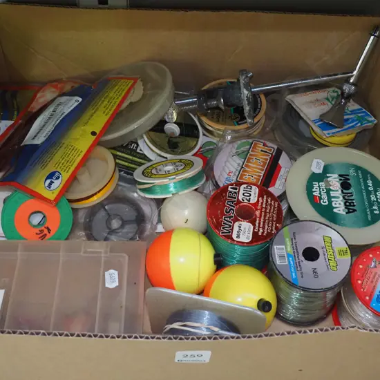 box; fishing lines, tie line stand, flies etc