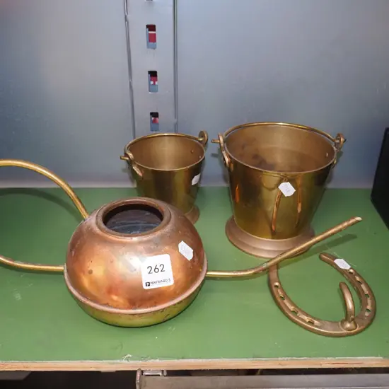copper watering can, small brass pails, horse shoe coat hook