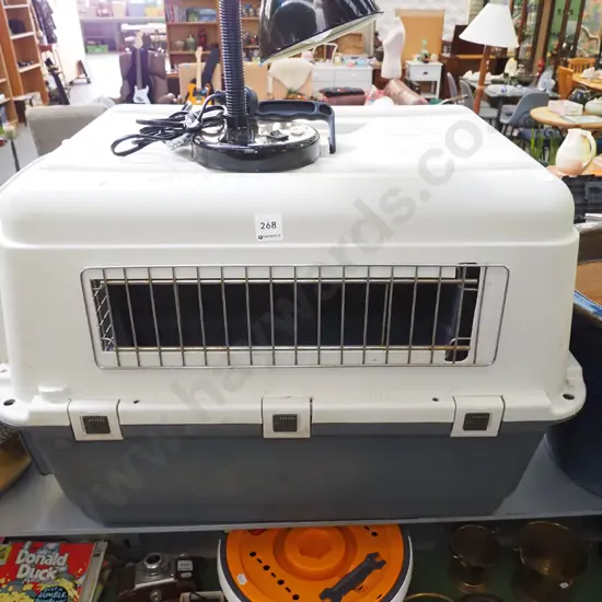 plastic pet carrier, desk lamp