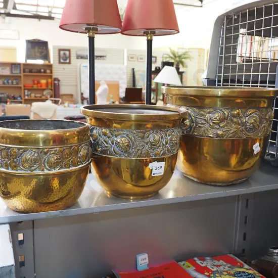 3x graduated pressed brass jardinieres