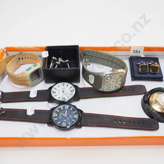box; wristwatches, paperweight, cuff links