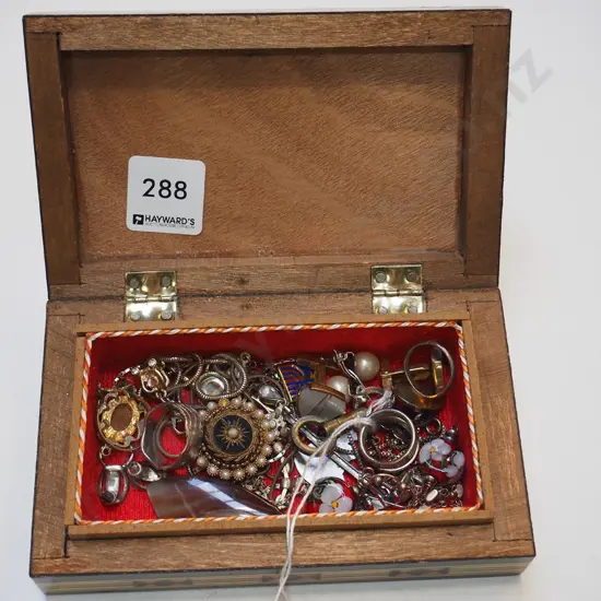 wood inlay jewellery box and costume jewellery