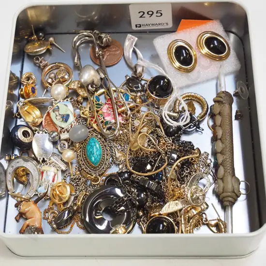 tin tray; earrings, pendants etc