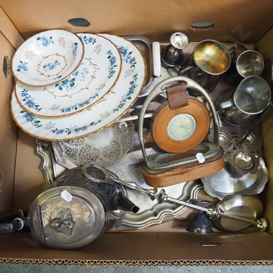 box; tankards, plated tea pots, plates etc