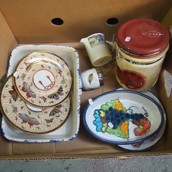 box; lidded canisters, Worcester egg coddler, dishes etc