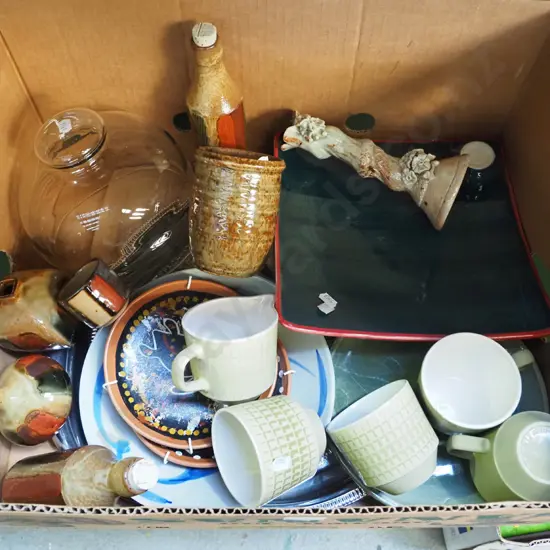 box; glass cover domes, vinegar bottles, Crown Lynn tea cups etc