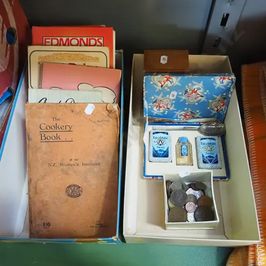 2x boxes; cookbooks, coins, toiletries - yellow dots