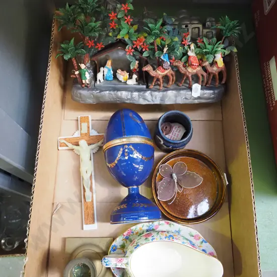 box; ceramic egg, plastic nativity scene, crucifix etc