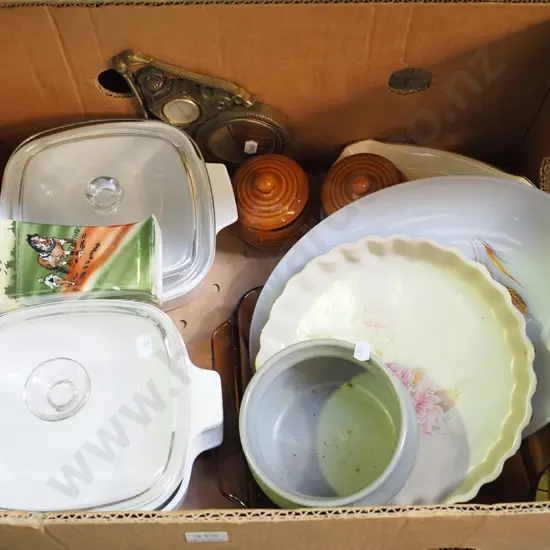 box; lidded casseroles, wall clock, baking dishes, vase etc