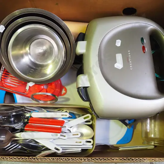 box; cutlery, mixing bowls, toastie pie machine etc