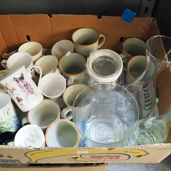 box; coffee cups, vases, canister etc