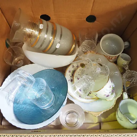 box; water jug, glass bowls, trio etc